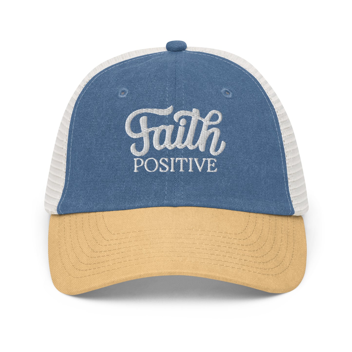 This is the Faith Positive low profile hat. The Faith Positive logo is embroidered on the front with white thread. This hat is pigment dyed, it has a mesh back, blue front and yellow bill. This is the front view of the product.