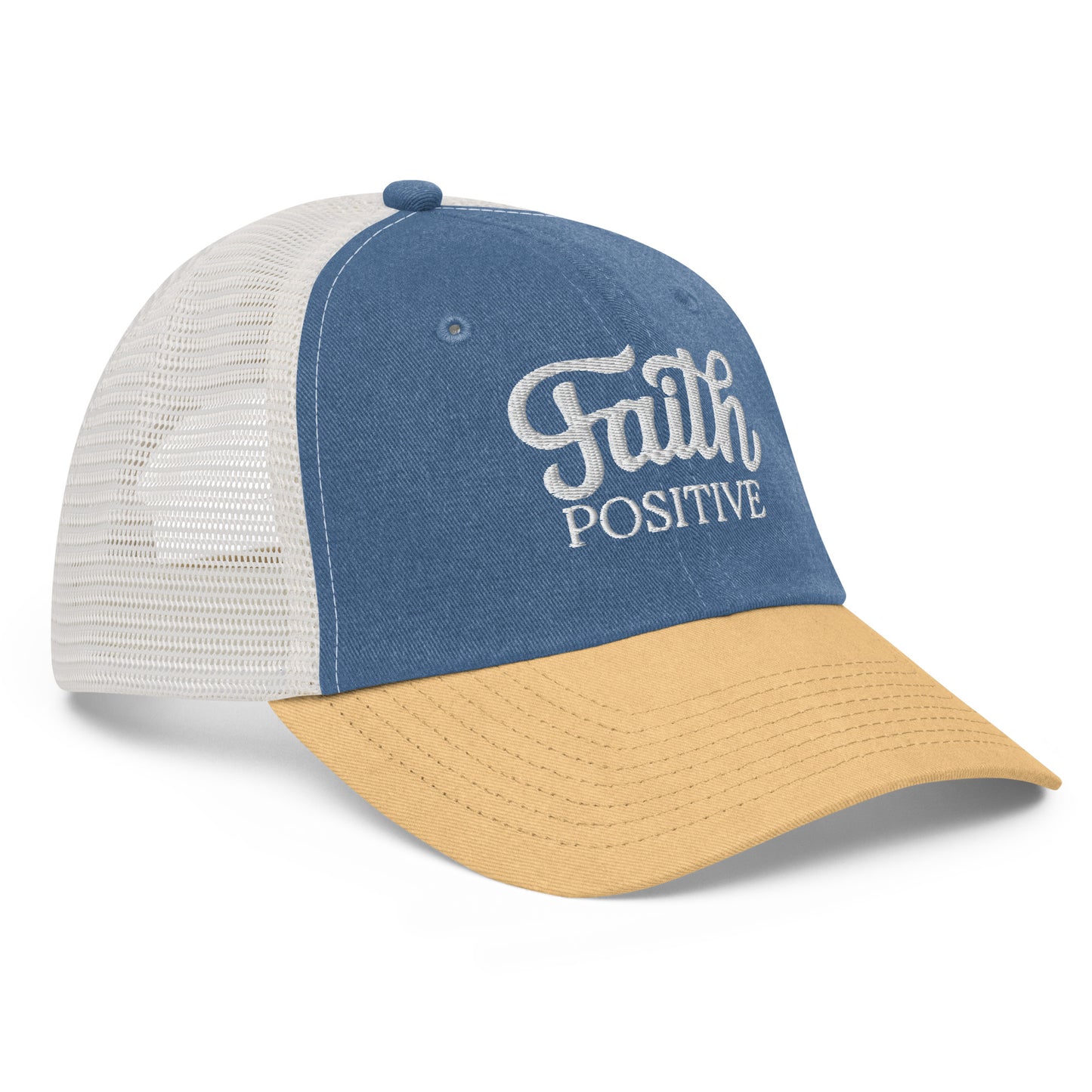 This is the Faith Positive low profile hat. The Faith Positive logo is embroidered on the front with white thread. This hat is pigment dyed, it has a mesh back, blue front and yellow bill. This is the side view of the product.